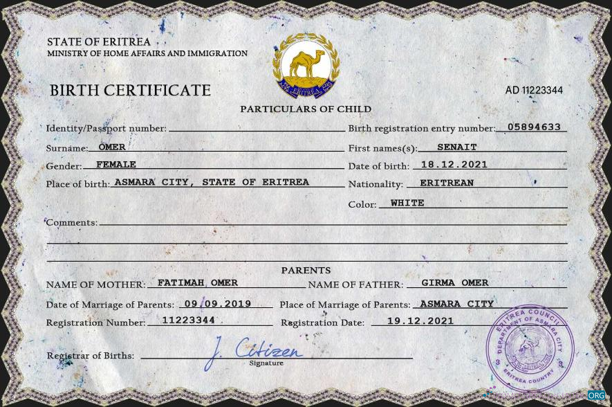 Download Eritrea vital record birth certificate PSD template Photoshop template